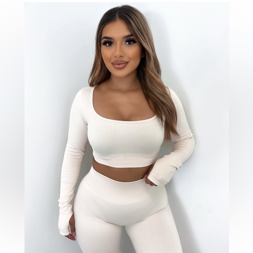 Cream Ribbed Long Sleeve Crop Top